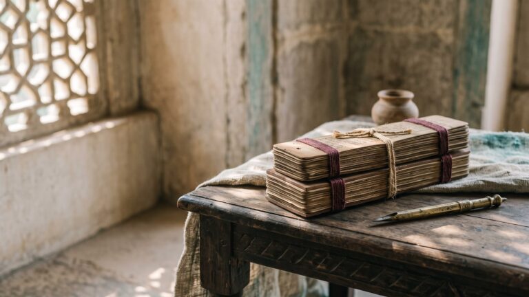 A stack of palm-leaf manuscripts bound with cord on a low wooden desk beside a brass stylus, lit through a carved stone lattice screen.