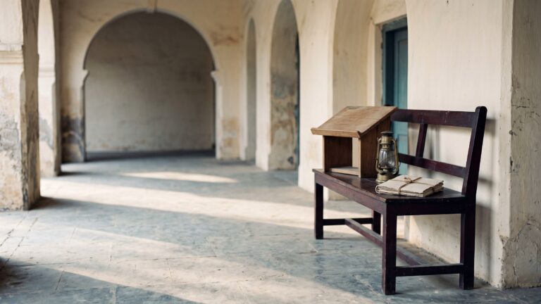 A colonial-era college verandah with deep arched openings, a bare lectern, a brass oil lamp and a folded journal on a bench.