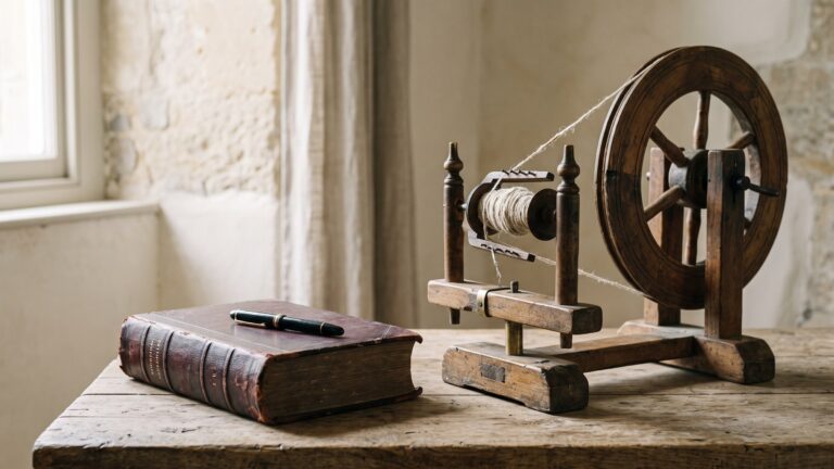 A wooden charkha spinning wheel and a heavy bound law volume with a fountain pen resting on it, together on one plain shared table.