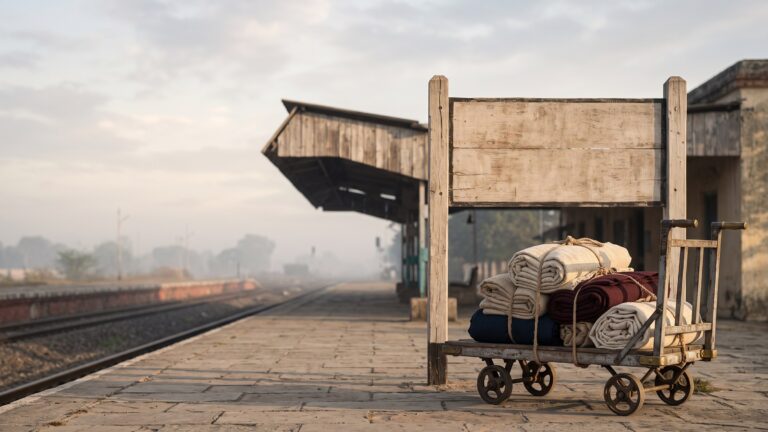 A railway platform at dawn with a blank hand-painted signboard, bundles of coarse hand-spun cloth stacked on a trolley.