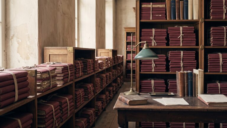 An archive room with rows of red cloth-tied record bundles on wooden shelves and a single reading desk with a green lamp.