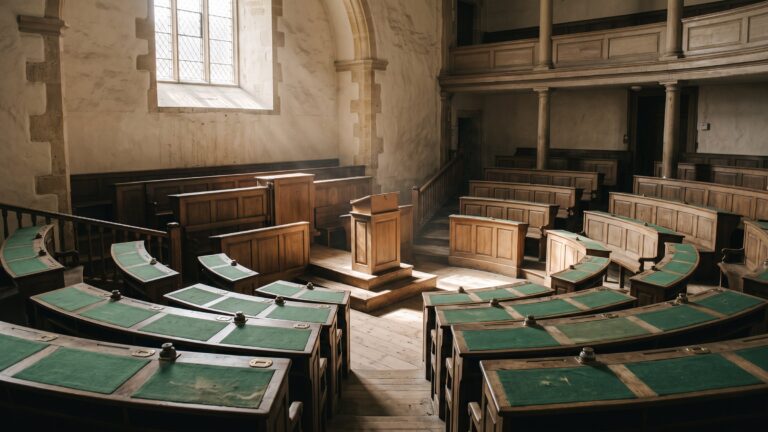 A semicircular assembly chamber with tiered wooden desks in green baize and an empty rostrum at the focus, dust in the light.