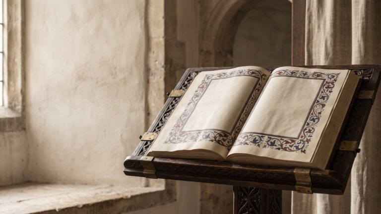 A very large bound volume lying open on a carved lectern, its margins hand-illuminated in ornamental borders, pages unlettered.