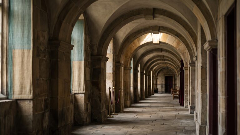 A deep stone courtroom colonnade of receding arches with one keystone catching the light.