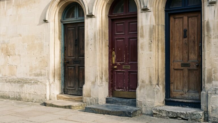 Three tall institutional doorways side by side along one stone facade, each with a different worn threshold.