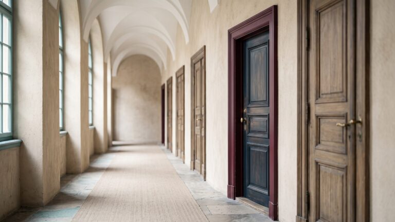A long secretariat corridor with arched windows down one side and a receding row of identical wooden doors.