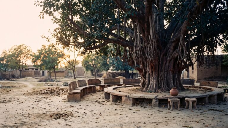 An immense banyan tree with a circle of low stone seats beneath it in a village clearing, late afternoon.