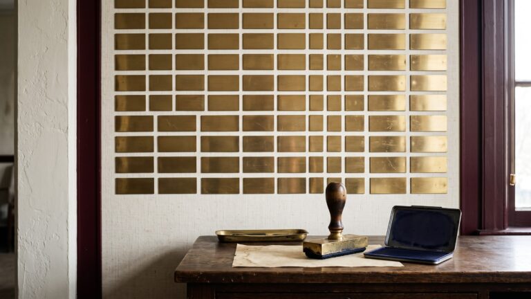 A wall of polished brass nameplates, all blank, above a plain office desk holding an inkpad and a heavy seal stamp.