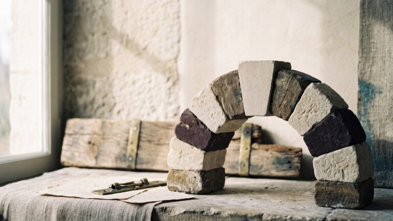 Interlocking cut stone blocks in two contrasting tones forming a single arch, keystone at the centre.