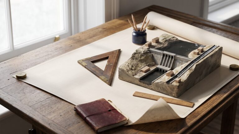 A drafting table with a large unmarked blueprint unrolled, a wooden set square, and a scale model of a dam and canal system.