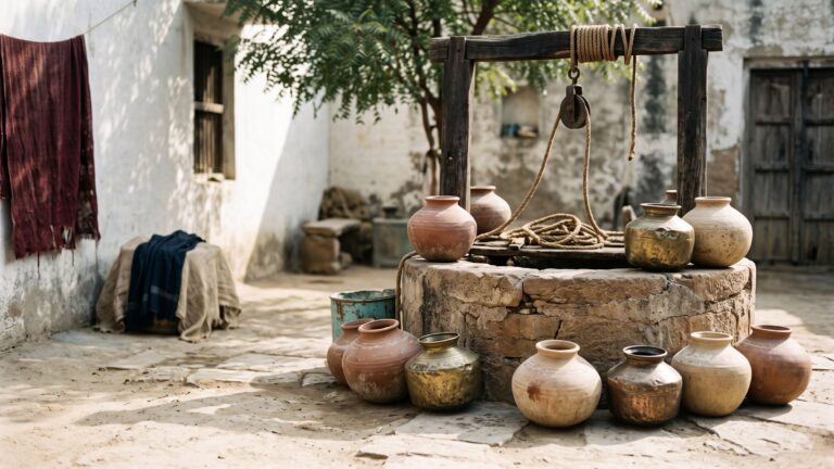 A village well in a small courtyard with several earthen and brass water pots of different shapes set around its rim.