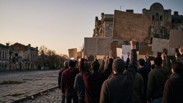 A crowd seen from behind at dusk with many raised hands holding blank placards above their heads.