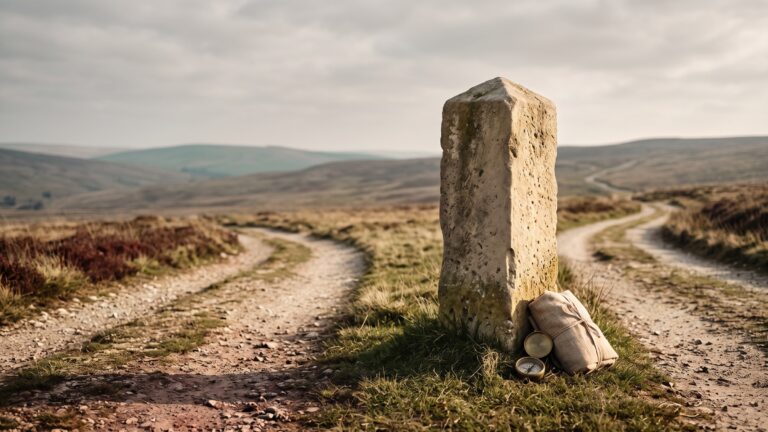 A carved stone milestone at a crossroads, its faces blank, low hills receding behind it.