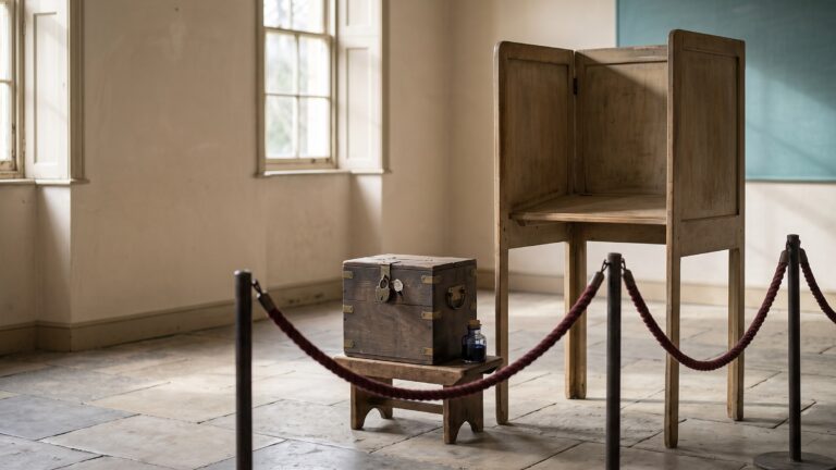 A wooden polling booth screen, a sealed ballot box, a small bottle of indelible ink and a rope queue barrier in an empty schoolroom.