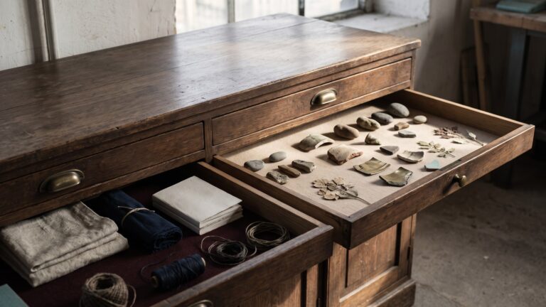 A wide specimen cabinet of shallow drawers, two drawers pulled open to show quite different contents laid out on felt.