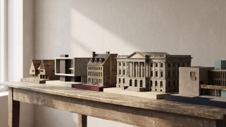 A row of architectural models of buildings in distinctly different styles lined up along one long table.