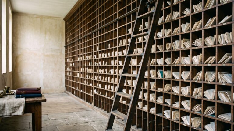 A floor-to-ceiling wall of wooden pigeon-holes, most holding folded paper slips, a ladder leaning against it.