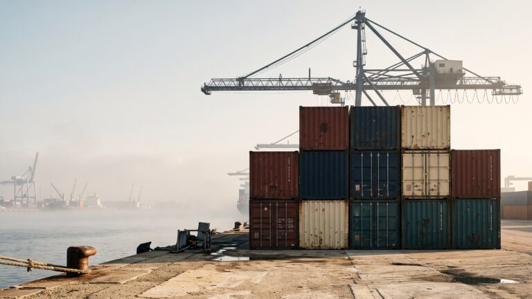 Stacked shipping containers at a port at dawn with a gantry crane above them, mist over the water.