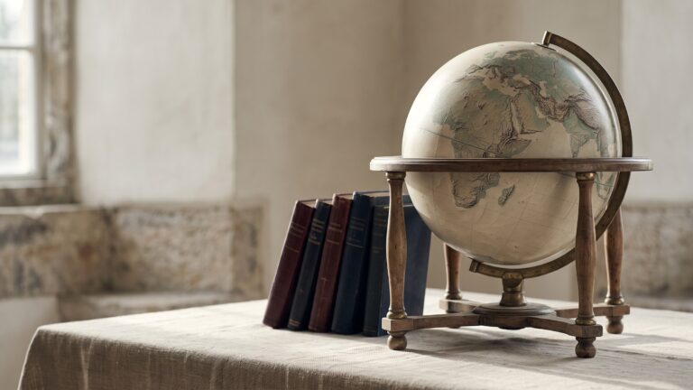 A library reading table with a large physical relief globe showing only land and ocean texture, no borders or lettering, beside stacked books.