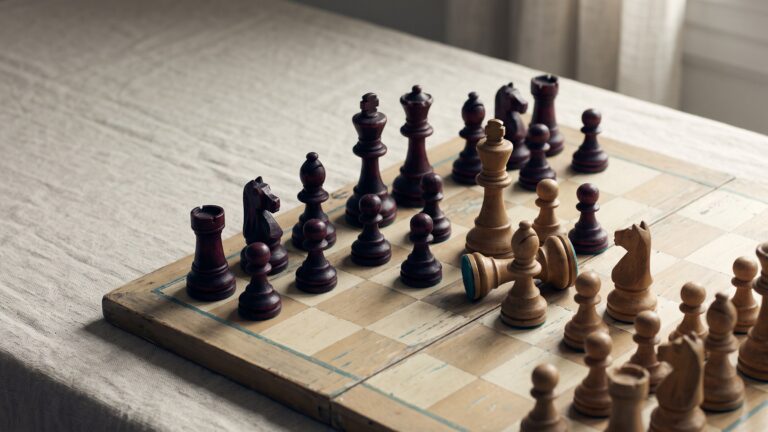 Heavy chess pieces mid-game on an oversized board, two kings still standing, raking low light.