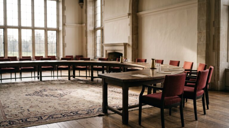 A grand conference hall with a horseshoe table and empty chairs, tall windows, no banners or insignia.