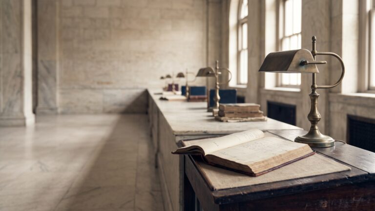A marble banking hall with long counters, brass lamps and heavy ledgers left open.