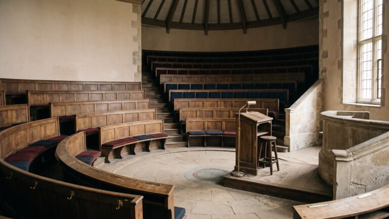 A circular assembly chamber with steeply tiered seating and a central rostrum, entirely empty, no insignia.