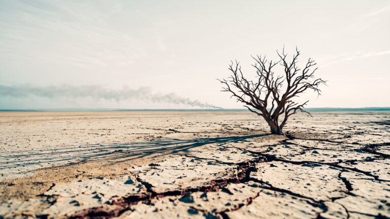 A cracked dry lakebed with one bare tree at its centre and thin smoke on the far horizon.