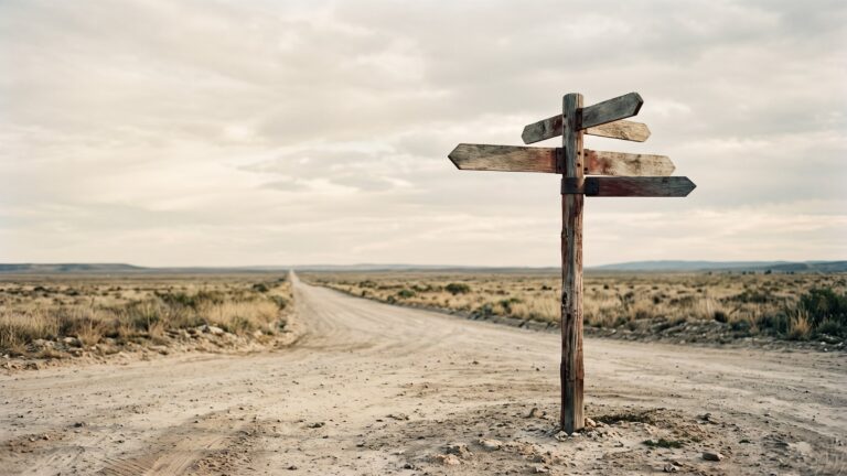 A signpost at an empty crossroads with several blank arms pointing different ways, open sky, one road running to the horizon.