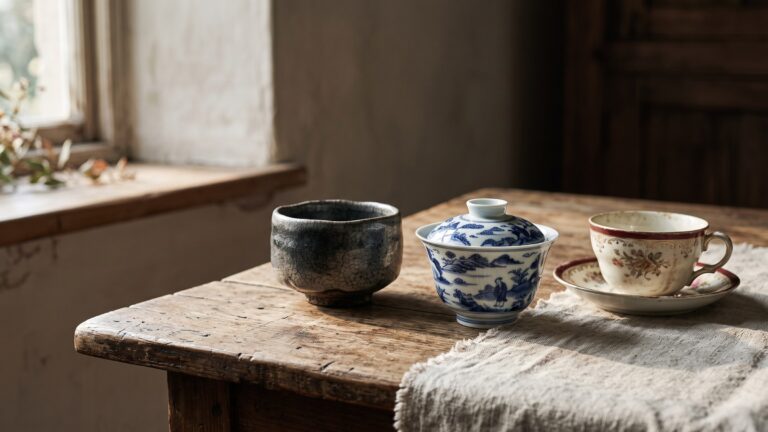 Three teacups of three quite different ceramic traditions set together on one plain wooden table.