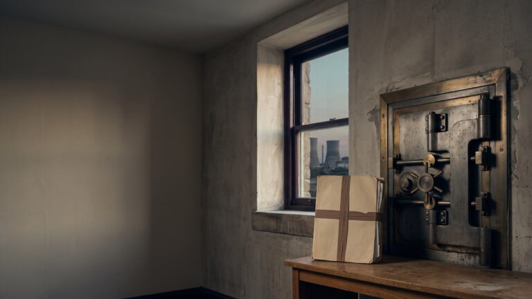 A heavy sealed steel vault door beside a plain document folder bound with tape, distant cooling towers through a high window at dusk.