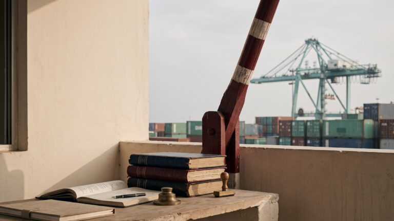 A customs barrier arm raised at a port gate with stacked ledgers on the desk beside it and a container gantry beyond.