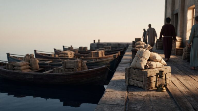 A warm dusk harbour market with wooden cargo boats moored close in and crates and sacks stacked along the quay.