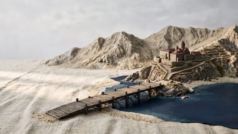A composite coastal-to-highland panorama: a timber island jetty in the foreground, a ridge monastery in the middle distance, and arid mountains behind.