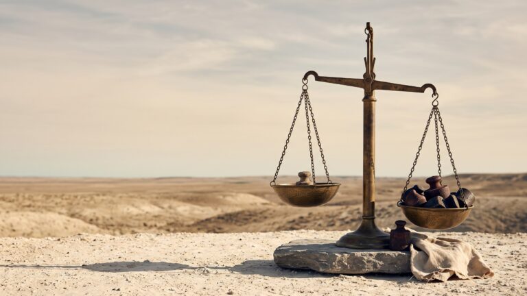 A large weathered brass balance scale standing outdoors against a wide empty horizon, its two pans loaded unequally.