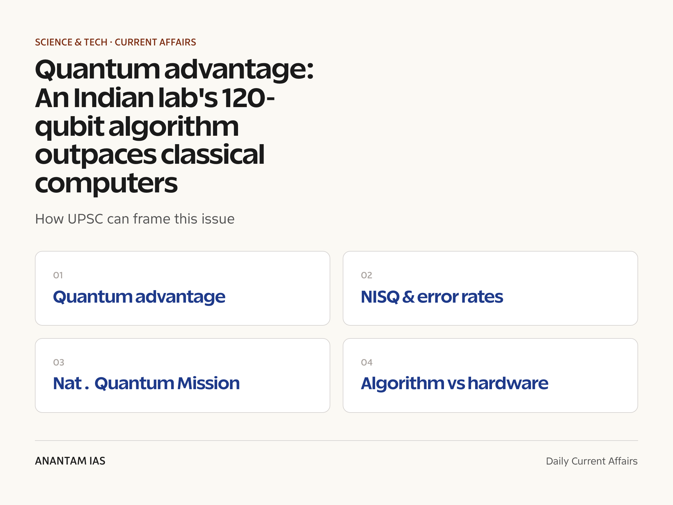 Quantum advantage: An Indian lab's 120-qubit algorithm outpaces classical computers — exam lens