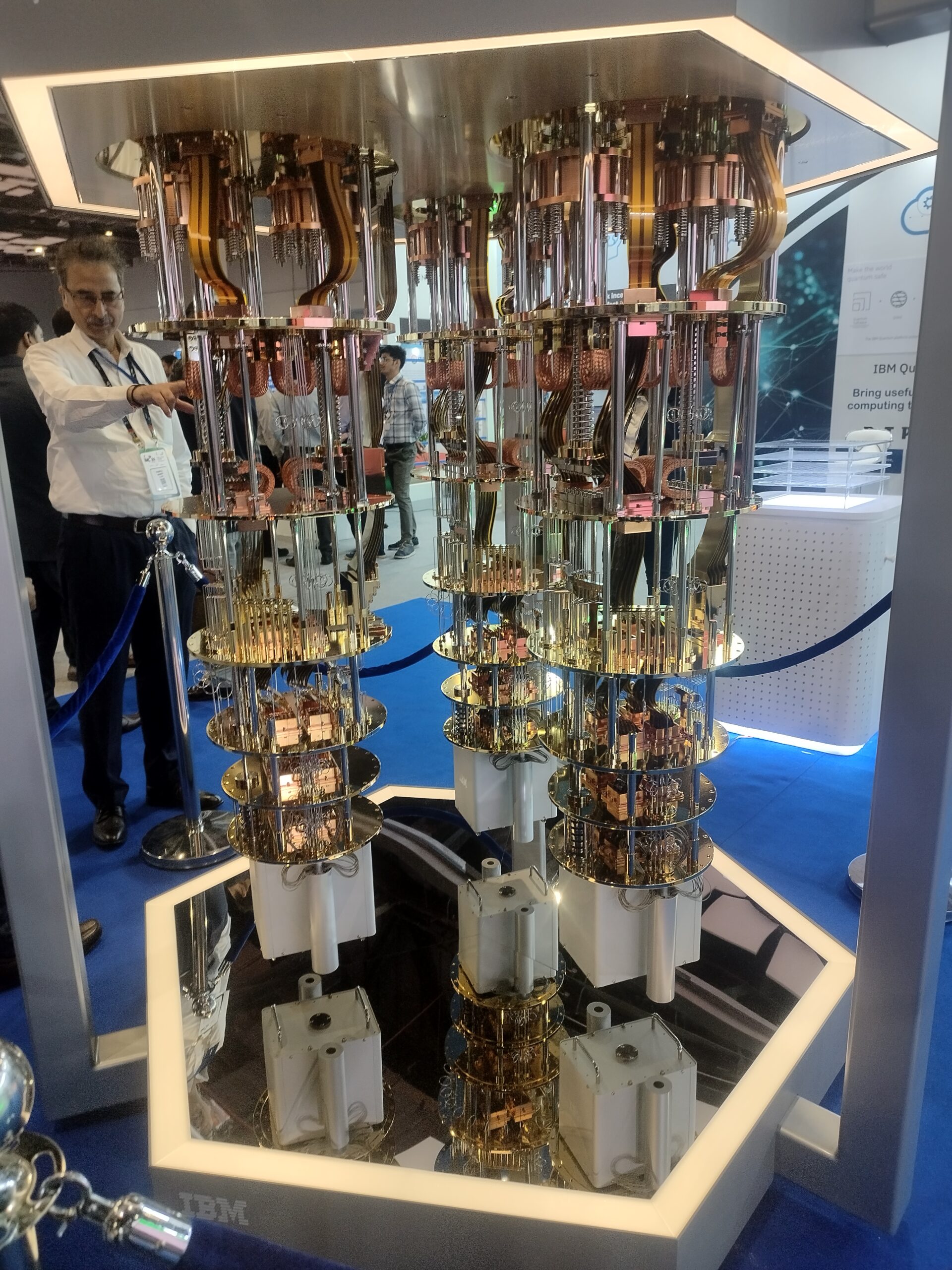 A quantum computer's gold-coloured cooling apparatus and processor hardware