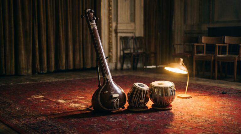 A tanpura and tabla resting in a dim performance hall under warm lamp light