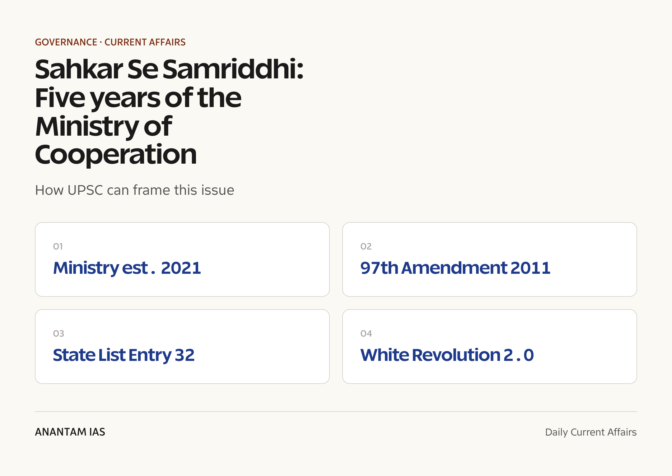Sahkar Se Samriddhi: Five years of the Ministry of Cooperation — exam lens