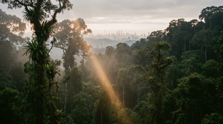 Dense forest canopy with morning sunlight and a hazy city skyline beyond
