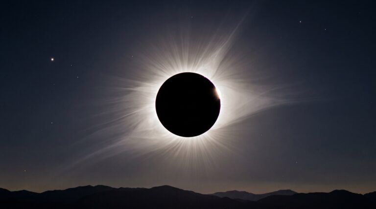 A total solar eclipse with the Sun's white corona streaming around the black lunar disc