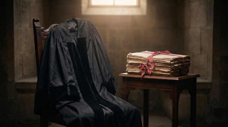 An advocate's black gown draped over a chair beside tied legal briefs