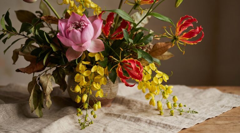 Indian state flowers including lotus, golden shower and flame lily arranged on linen