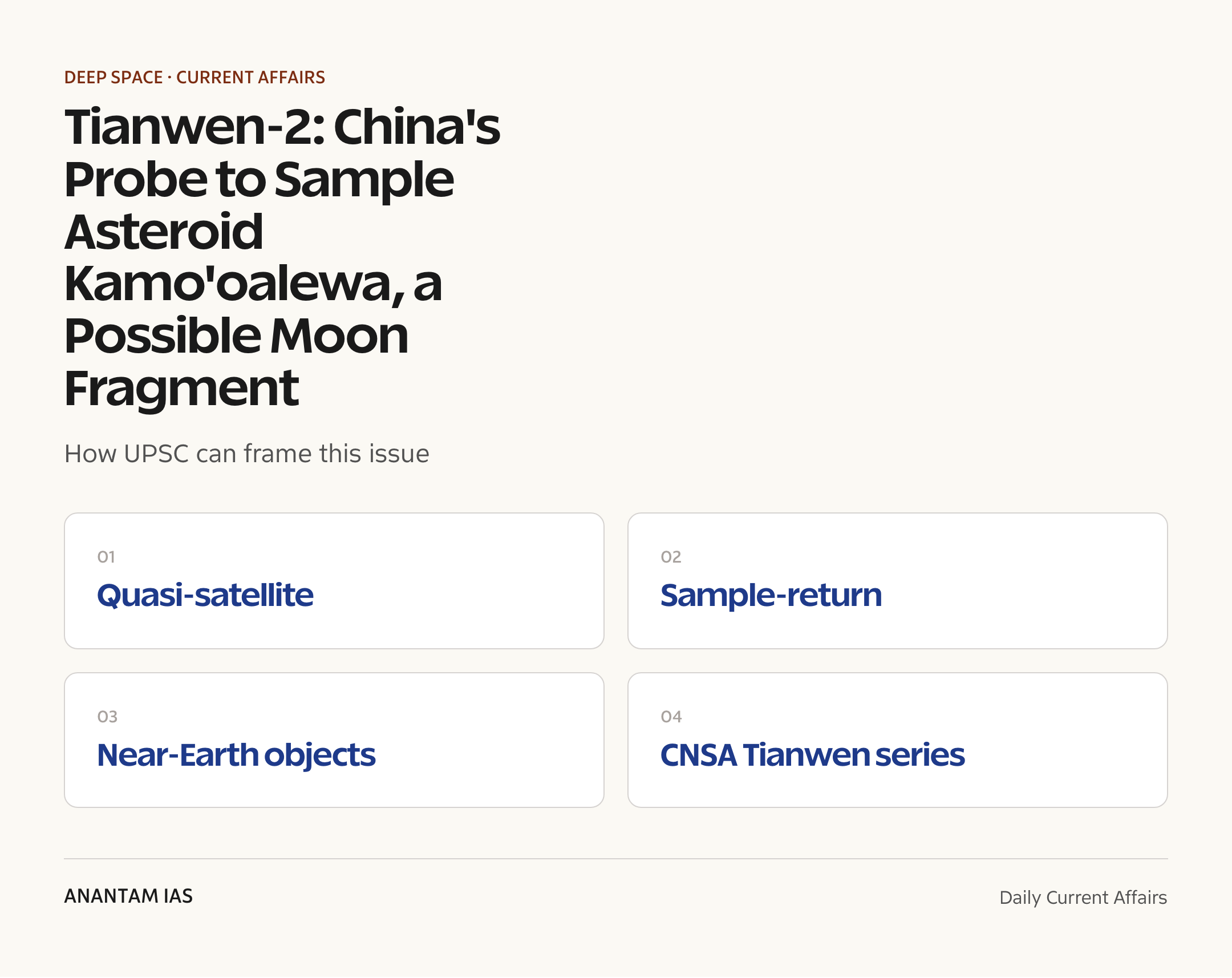 Tianwen-2: China's Probe to Sample Asteroid Kamo'oalewa, a Possible Moon Fragment — exam lens