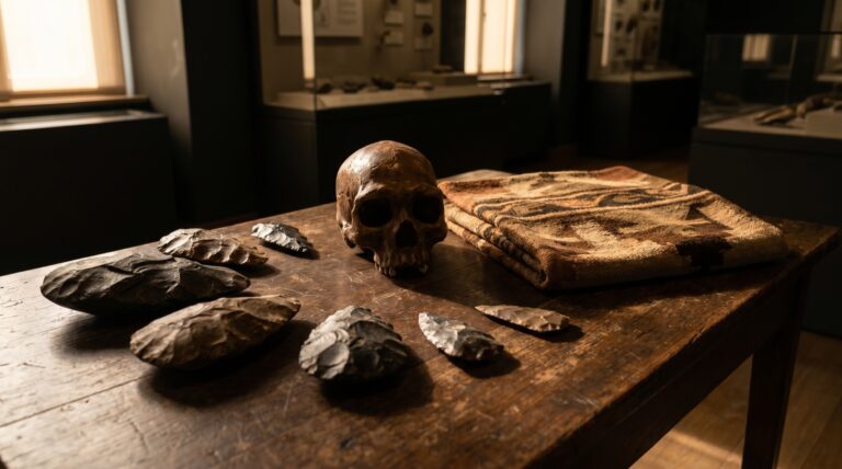 Ancient stone hand-axes, an early-hominid skull and tribal textile in a museum, representing the branches of anthropology