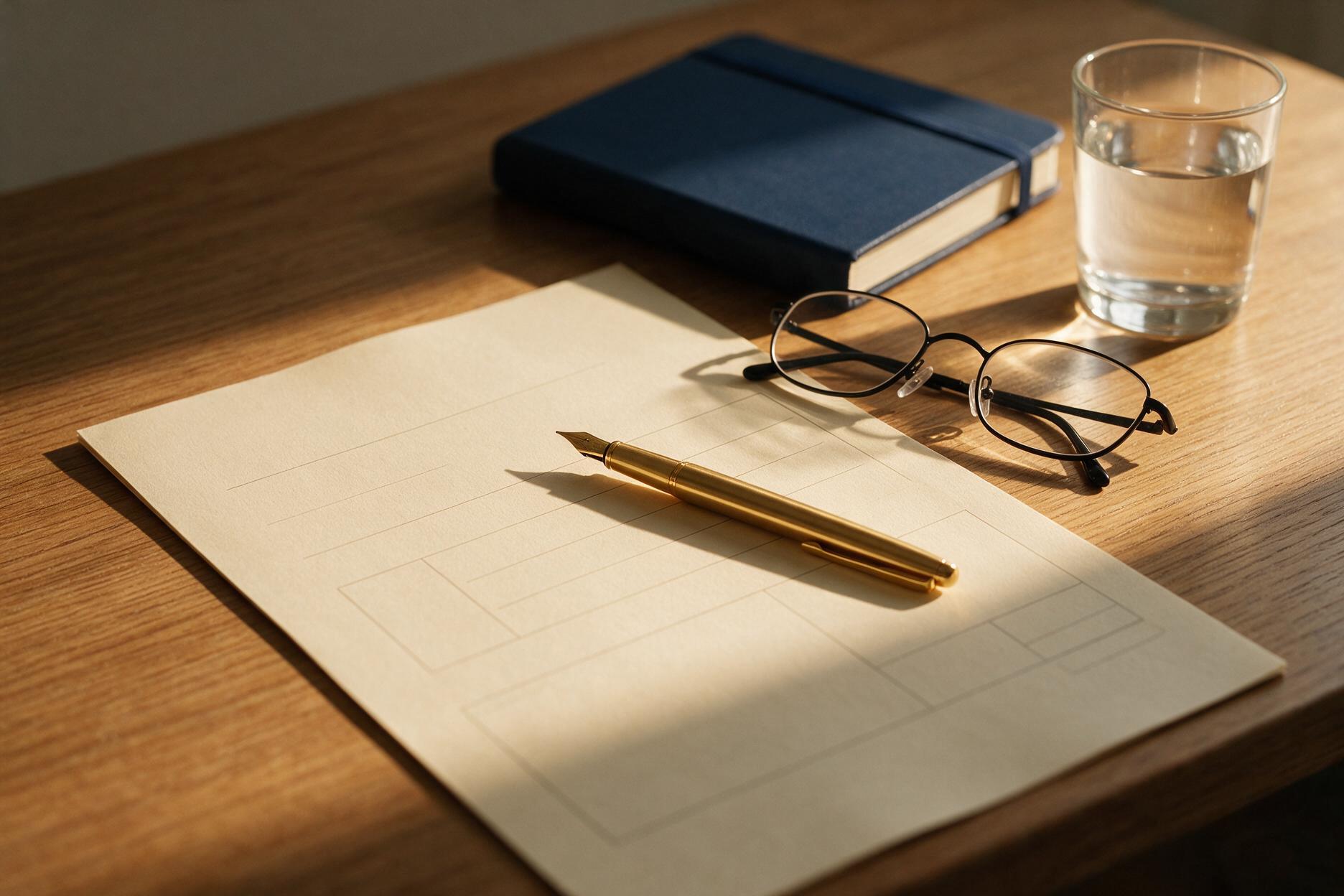 A blank form, fountain pen, glasses and notebook on a desk — DAF preparation before a mock board