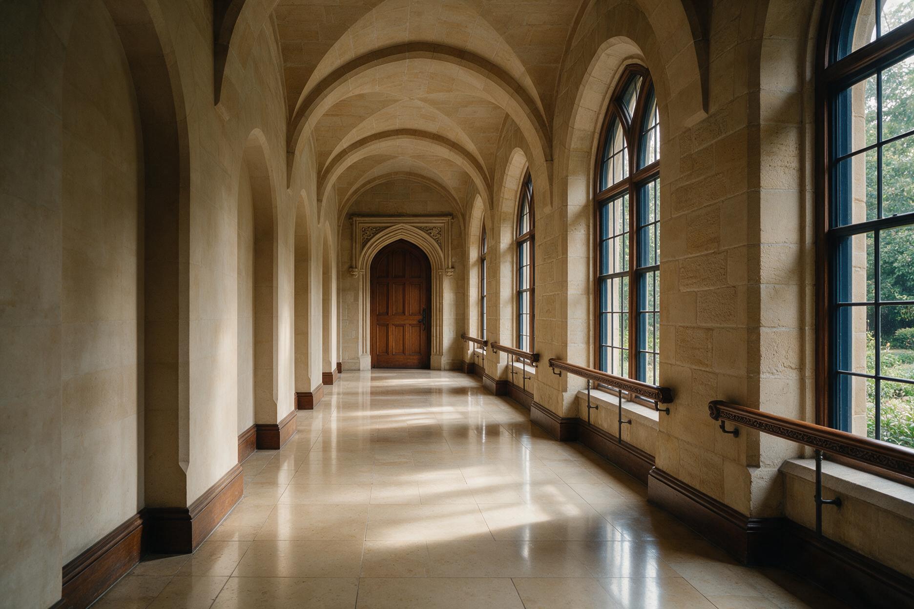 A quiet institutional corridor leading to a closed door — the walk to the interview room
