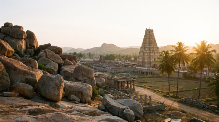The Virupaksha temple gopuram rising above the granite boulders of Hampi at sunrise