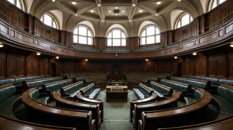 Tiered empty benches in a wood-panelled parliamentary debating chamber