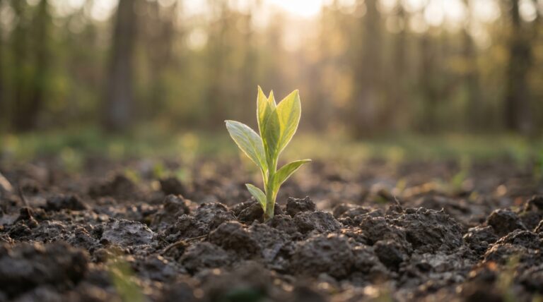 A young green sapling growing in dark soil, backlit by morning sun